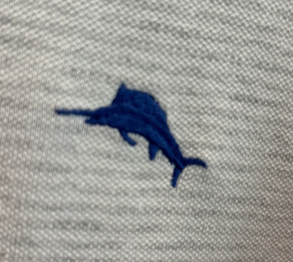 Men’s TOMMY BAHAMA Gray Striped MARLIN Logo Short Sleeve Polo Shirt L *C4